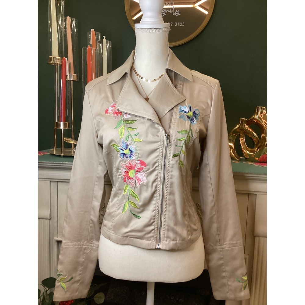 Philosophy Republic Clothing Embroidered Floral Moto Jacket Beige Women's Size 4